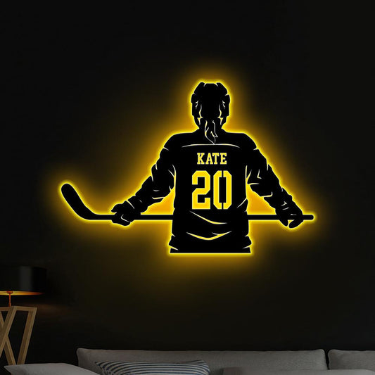 Custom Metal Girl Hockey Sign LED Light, Personalized Hockey Name & Number Hockey Metal Wall Art, Hockey Player Gifts,Gift For her,Xmas Gift