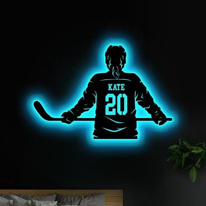 Custom Metal Girl Hockey Sign LED Light, Personalized Hockey Name & Number Hockey Metal Wall Art, Hockey Player Gifts,Gift For her,Xmas Gift