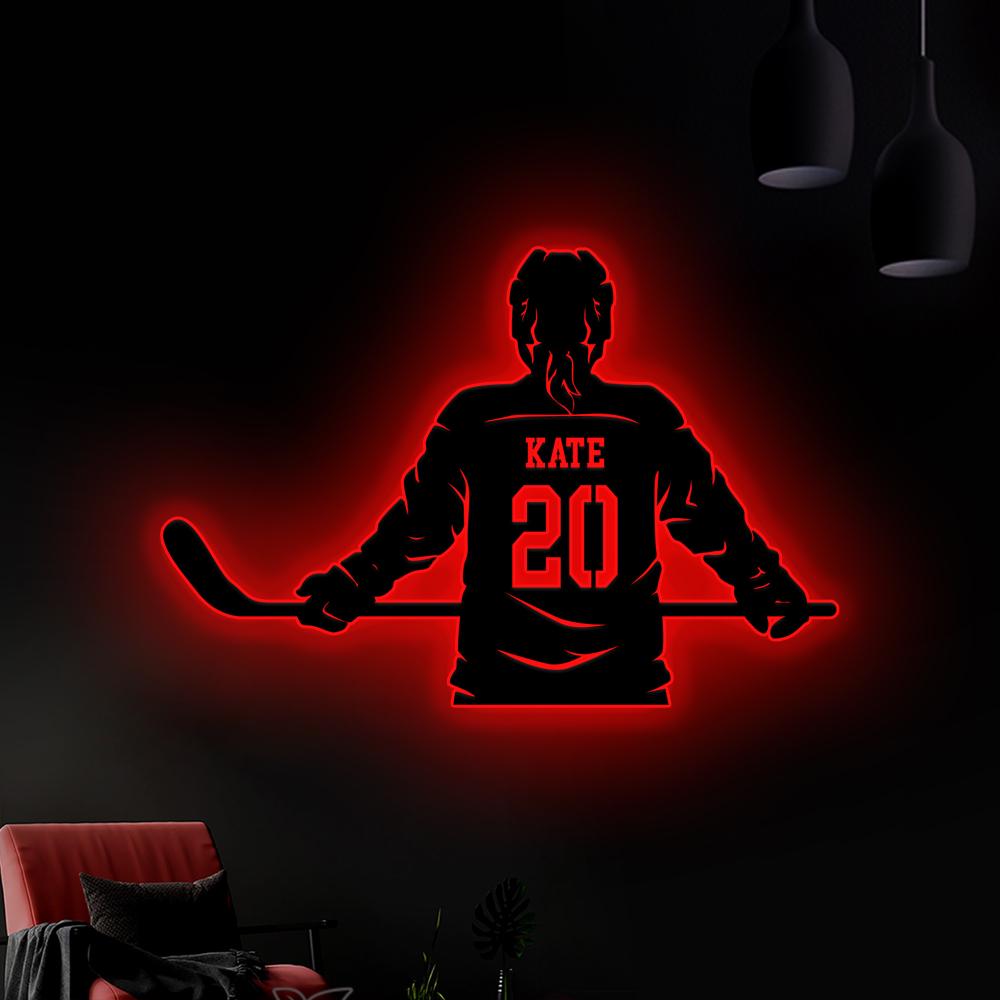 Custom Metal Girl Hockey Sign LED Light, Personalized Hockey Name & Number Hockey Metal Wall Art, Hockey Player Gifts,Gift For her,Xmas Gift