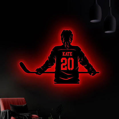 Custom Metal Girl Hockey Sign LED Light, Personalized Hockey Name & Number Hockey Metal Wall Art, Hockey Player Gifts,Gift For her,Xmas Gift