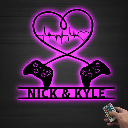 Personalized Gaming Couple Metal sign LED lights, Heart Game Controller, Gifts for Couple, Video game Custom Name Metal wall art, Game Room