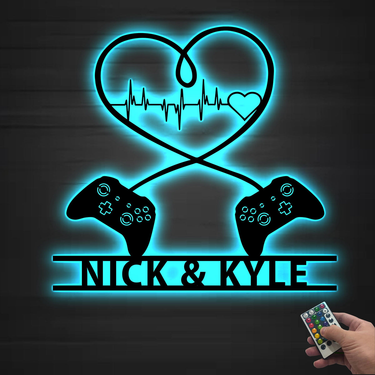 Personalized Gaming Couple Metal sign LED lights, Heart Game Controller, Gifts for Couple, Video game Custom Name Metal wall art, Game Room