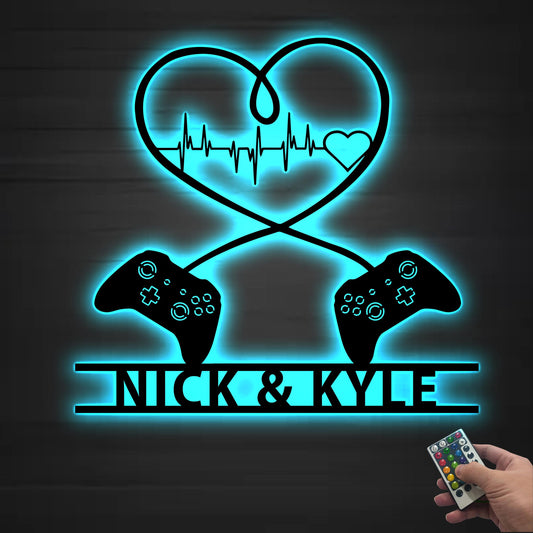 Personalized Gaming Couple Metal sign LED lights, Heart Game Controller, Gifts for Couple, Video game Custom Name Metal wall art, Game Room