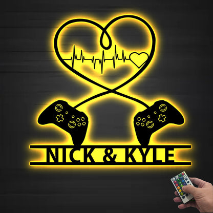Personalized Gaming Couple Metal sign LED lights, Heart Game Controller, Gifts for Couple, Video game Custom Name Metal wall art, Game Room