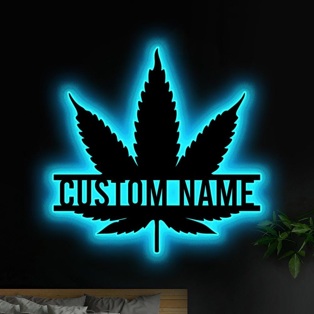 Personalized Weed Metal Sign Wall Art with LED Lights, Custom Marijuana Name Sign Home Decor, Cannabis Decoration Smoker Birthday Christmas