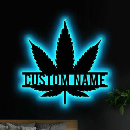 Personalized Weed Metal Sign Wall Art with LED Lights, Custom Marijuana Name Sign Home Decor, Cannabis Decoration Smoker Birthday Christmas