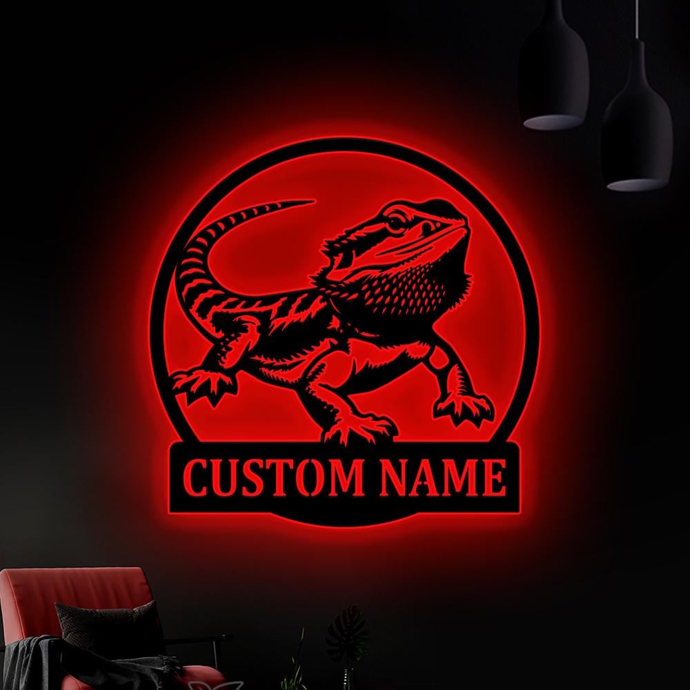 Personalized Bearded Dragon Metal Sign Wall Art With LED Light, Bearded Dragon Name Sign Decoration For Room, Bearded Dragon Metal LED Decor