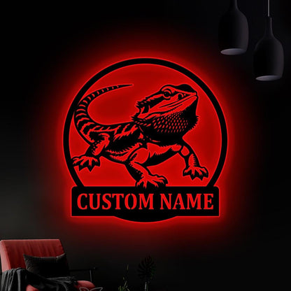 Personalized Bearded Dragon Metal Sign Wall Art With LED Light, Bearded Dragon Name Sign Decoration For Room, Bearded Dragon Metal LED Decor