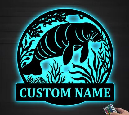 Personalized Manatee Metal Wall Art LED Lights, Custom Manatee Name Sign, Home Decor Kid Nursery Decor Beach House Decor, Birthday Xmas Gift