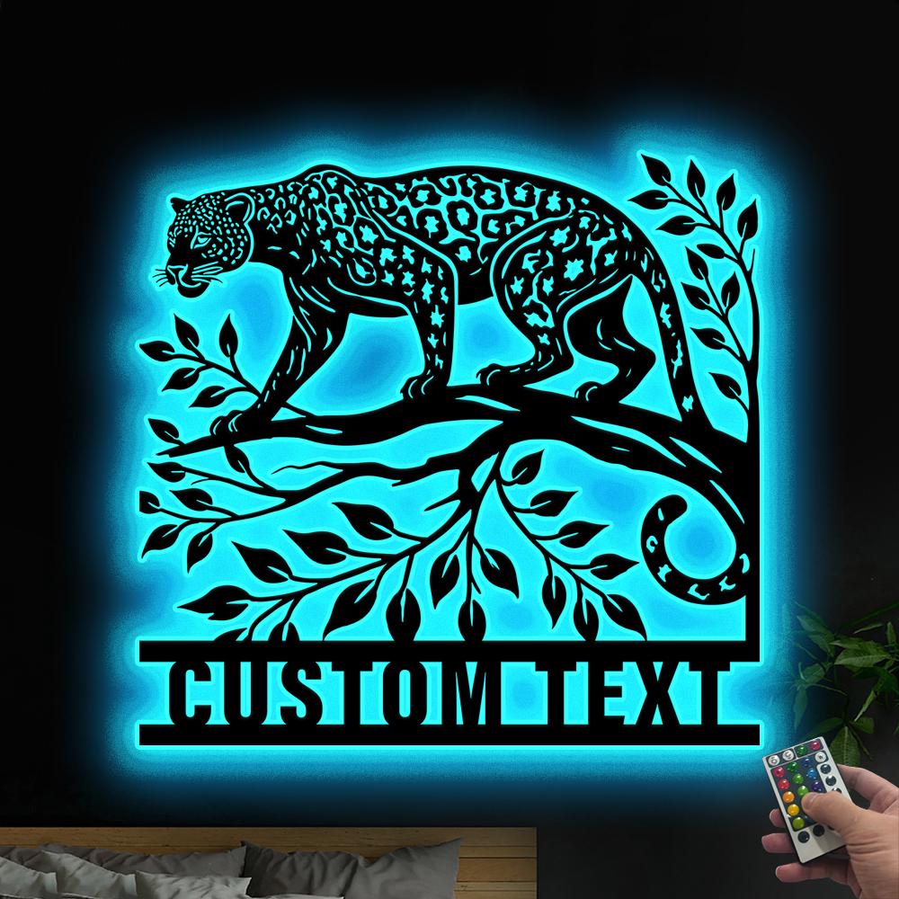 Personalized Jaguar Metal Wall Art LED Light Custom Wild Animal Lover Name Sign Home Decor Kid Nursery Decoration Christmas Birthday Gift