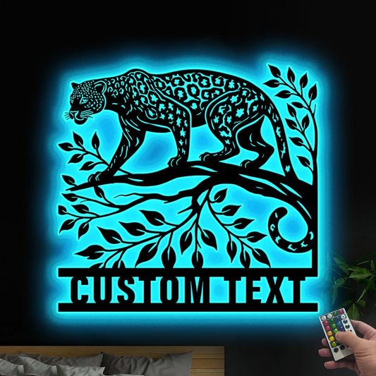Personalized Jaguar Metal Wall Art LED Light Custom Wild Animal Lover Name Sign Home Decor Kid Nursery Decoration Christmas Birthday Gift