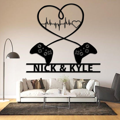 Personalized Gaming Couple Metal sign LED lights, Heart Game Controller, Gifts for Couple, Video game Custom Name Metal wall art, Game Room