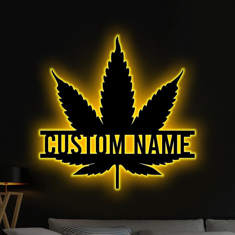 Personalized Weed Metal Sign Wall Art with LED Lights, Custom Marijuana Name Sign Home Decor, Cannabis Decoration Smoker Birthday Christmas