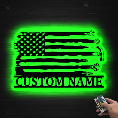Personalized US Flag Tools Repair Metal Wall Art LED Lights, Custom Tools Shop Name Sign Mechanic Tools Decor Repairman Birthday Garage sign