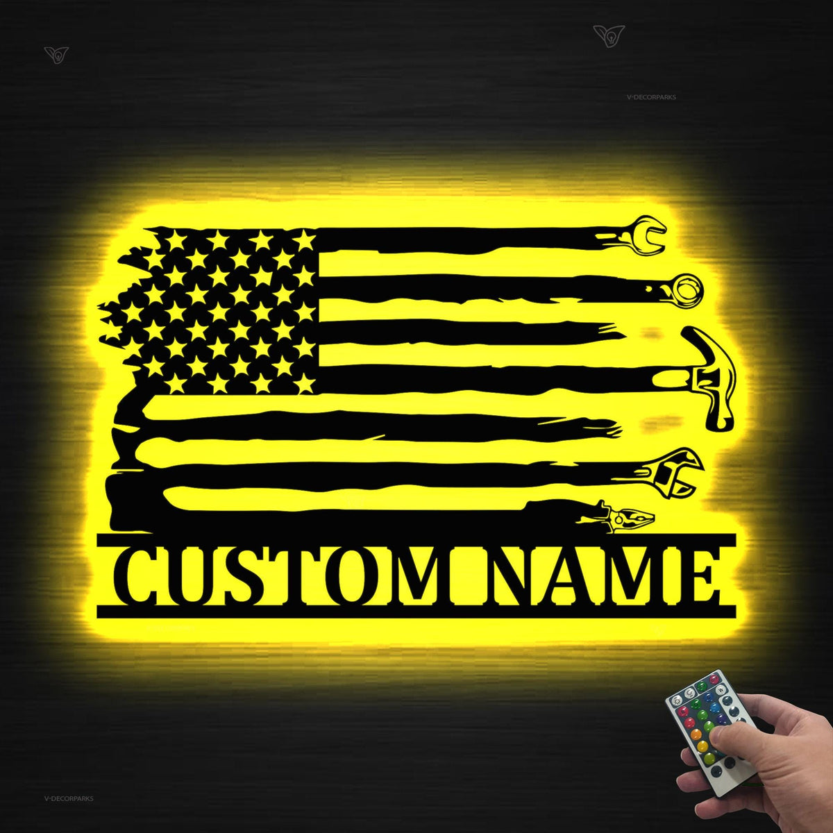Personalized US Flag Tools Repair Metal Wall Art LED Lights, Custom Tools Shop Name Sign Mechanic Tools Decor Repairman Birthday Garage sign