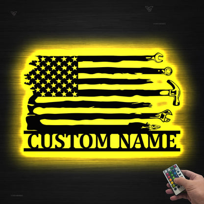 Personalized US Flag Tools Repair Metal Wall Art LED Lights, Custom Tools Shop Name Sign Mechanic Tools Decor Repairman Birthday Garage sign