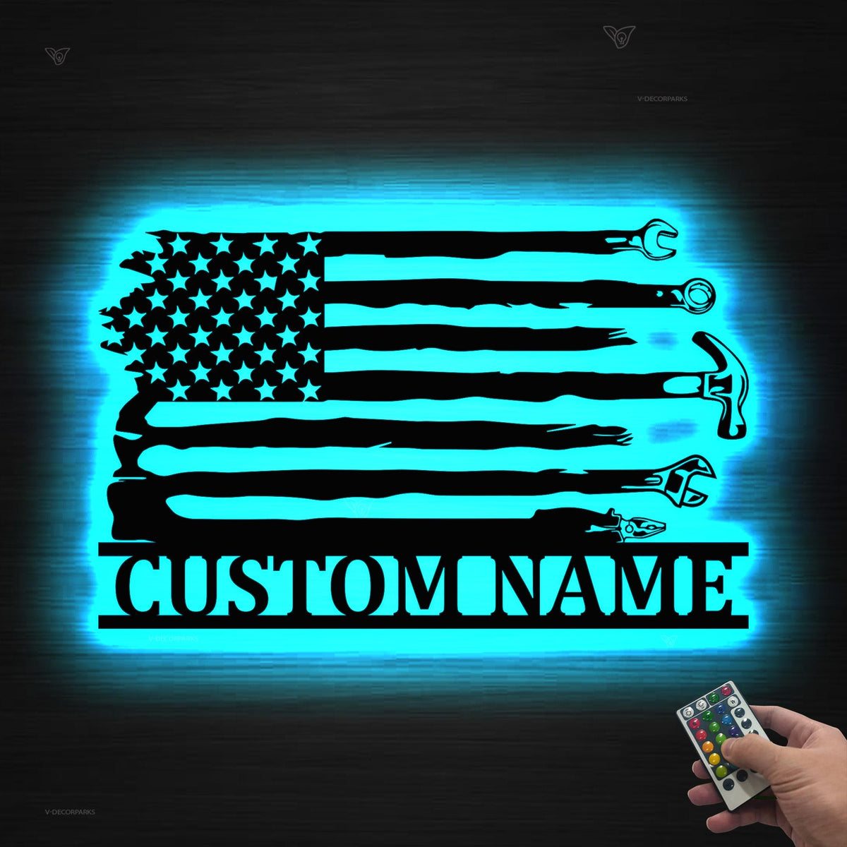 Personalized US Flag Tools Repair Metal Wall Art LED Lights, Custom Tools Shop Name Sign Mechanic Tools Decor Repairman Birthday Garage sign