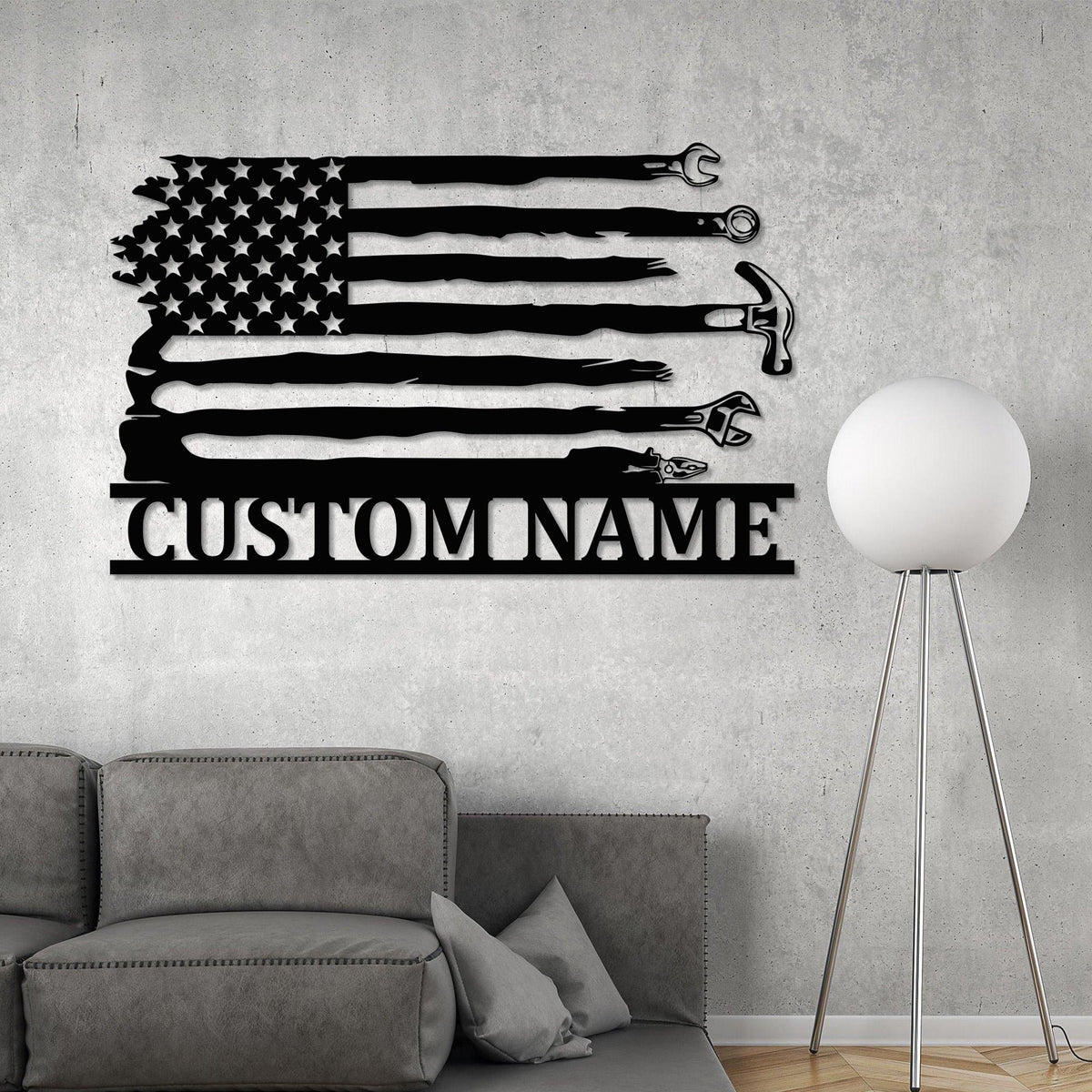 Personalized US Flag Tools Repair Metal Wall Art LED Lights, Custom Tools Shop Name Sign Mechanic Tools Decor Repairman Birthday Garage sign