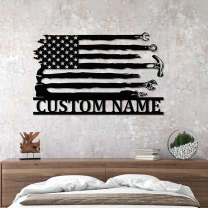 Personalized US Flag Tools Repair Metal Wall Art LED Lights, Custom Tools Shop Name Sign Mechanic Tools Decor Repairman Birthday Garage sign