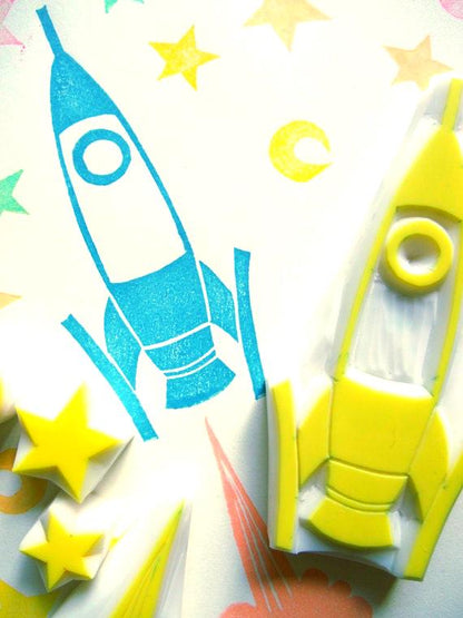 Rocket & Star Rubber Stamp Set | Hand Carved Stamps | Si-Fi Design