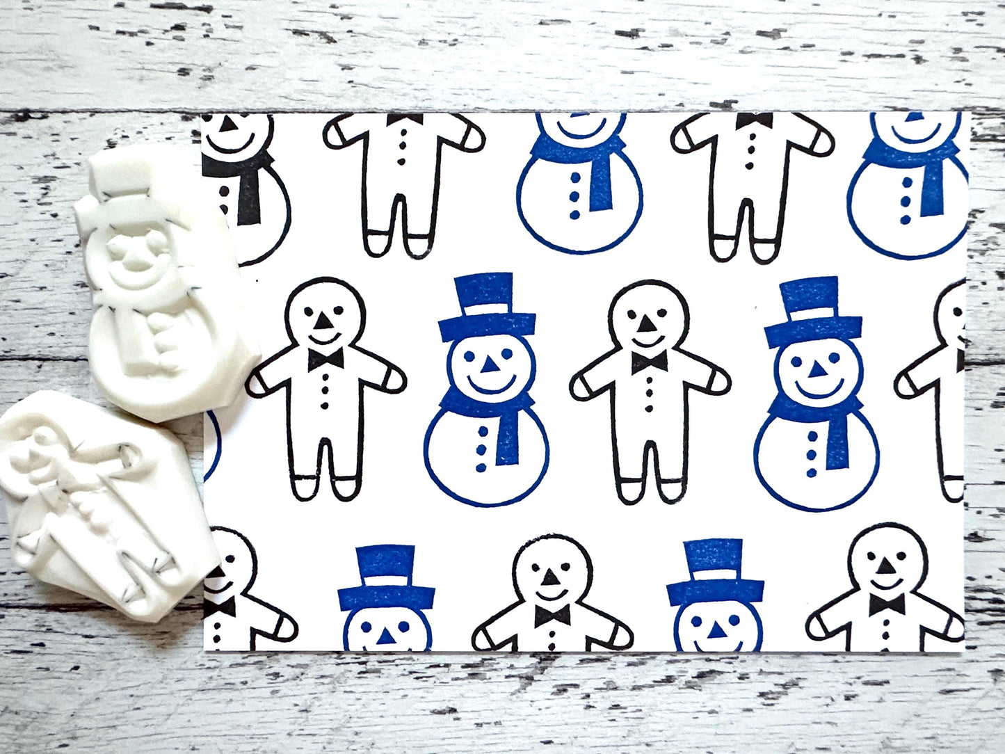 Snowman & Gingerbread Man Rubber Stamp Set | Hand Carved Stamps
