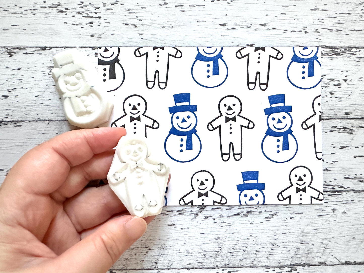 Snowman & Gingerbread Man Rubber Stamp Set | Hand Carved Stamps