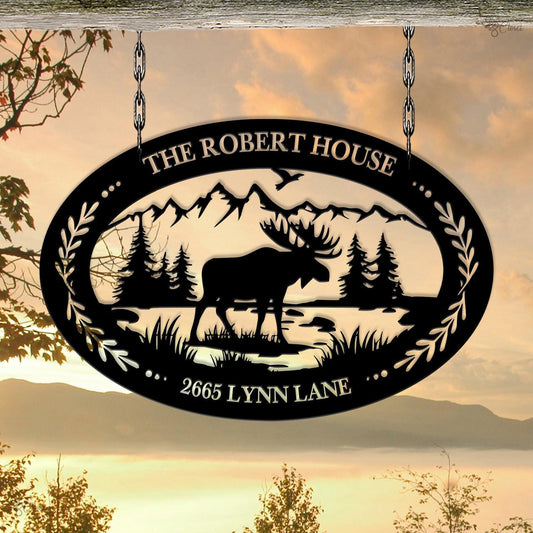 Custom Moose Metal Sign, Personalized Cabin Address Wall, Moose welcome sign, Cabin address sign,Mountain cabin decor,Gift for dad,Home Sign