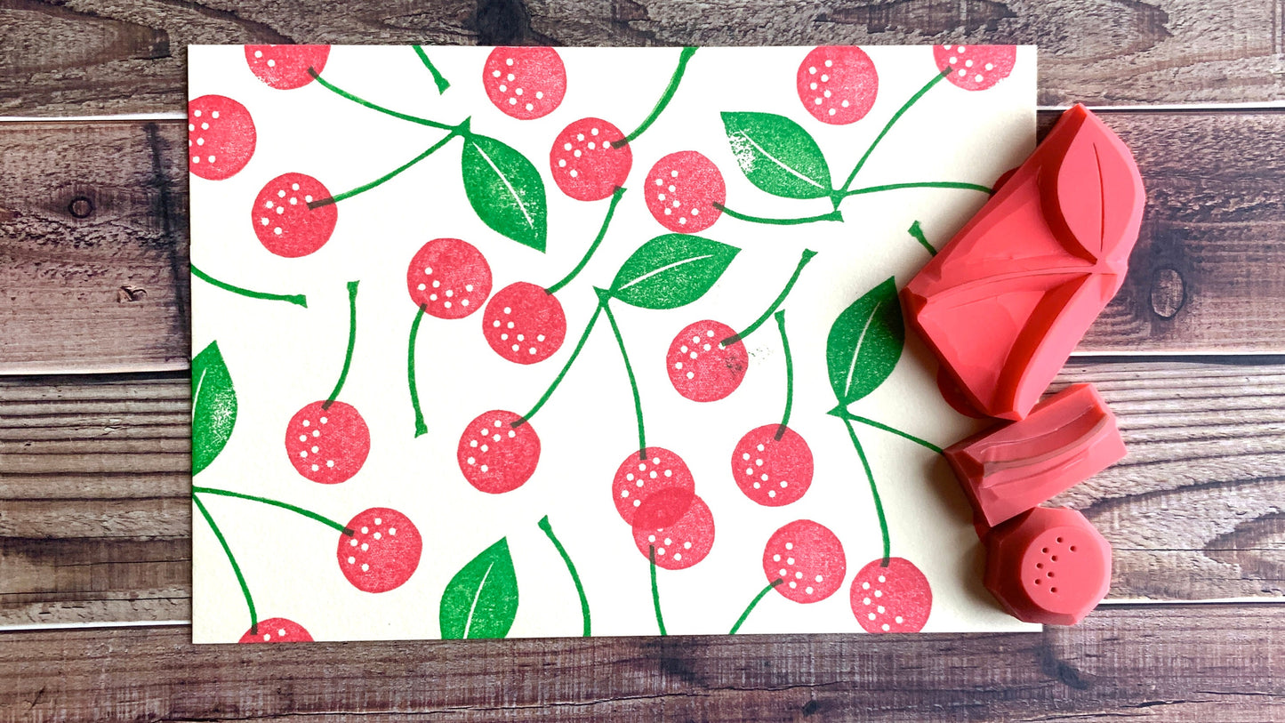 Cherry Rubber Stamp Set | Hand Carved Stamps | Fruit Design