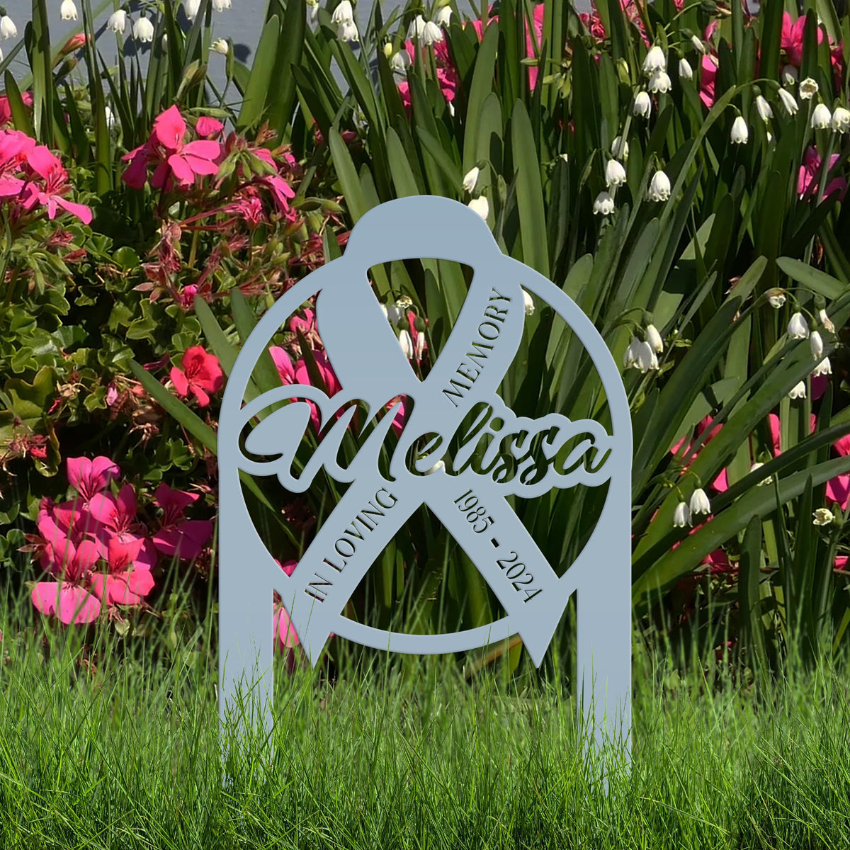 Unique Memorial Sign with Cancer Ribbon – Custom Tribute Metal Art - In Loving Memory Gravesite Decoration - Personalized Memorial Stakes