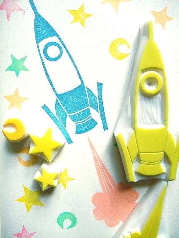 Rocket & Star Rubber Stamp Set | Hand Carved Stamps | Si-Fi Design