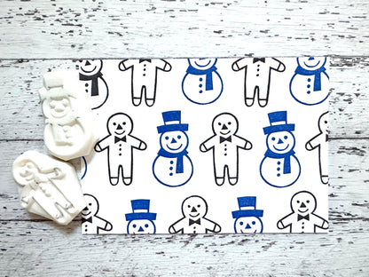 Snowman & Gingerbread Man Rubber Stamp Set | Hand Carved Stamps