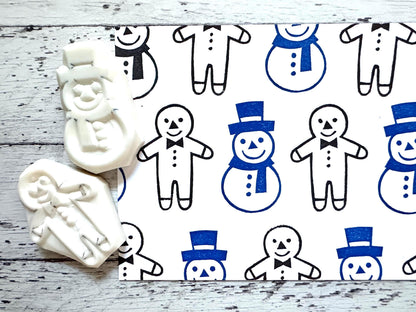 Snowman & Gingerbread Man Rubber Stamp Set | Hand Carved Stamps