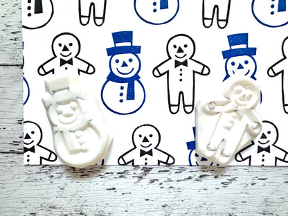 Snowman & Gingerbread Man Rubber Stamp Set | Hand Carved Stamps