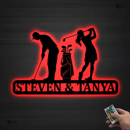 Custom Golf Couple Metal Led Light, Gift for Golf Lovers, Anniversary Gift, Personalized Golf Player Sign, Couple’s Golf Decor, Golf wedding