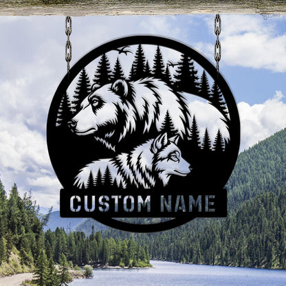 Custom Bear and Wolf Metal Sign, Personalized Bear and Wolf Forest Decor, Forest Animal Name Sign, Bear wolf sign, Gift for dad, Cabin Decor