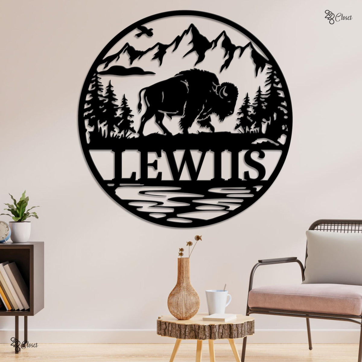 Custom Buffalo Metal Wall, Personalized Mountain Scene Sign, Wildlife Home Sign, Gift for dad, Mountain Wildlife Gift, Bison Mountain Scene