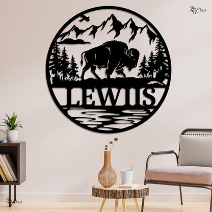 Custom Buffalo Metal Wall, Personalized Mountain Scene Sign, Wildlife Home Sign, Gift for dad, Mountain Wildlife Gift, Bison Mountain Scene
