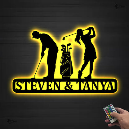 Custom Golf Couple Metal Led Light, Gift for Golf Lovers, Anniversary Gift, Personalized Golf Player Sign, Couple’s Golf Decor, Golf wedding