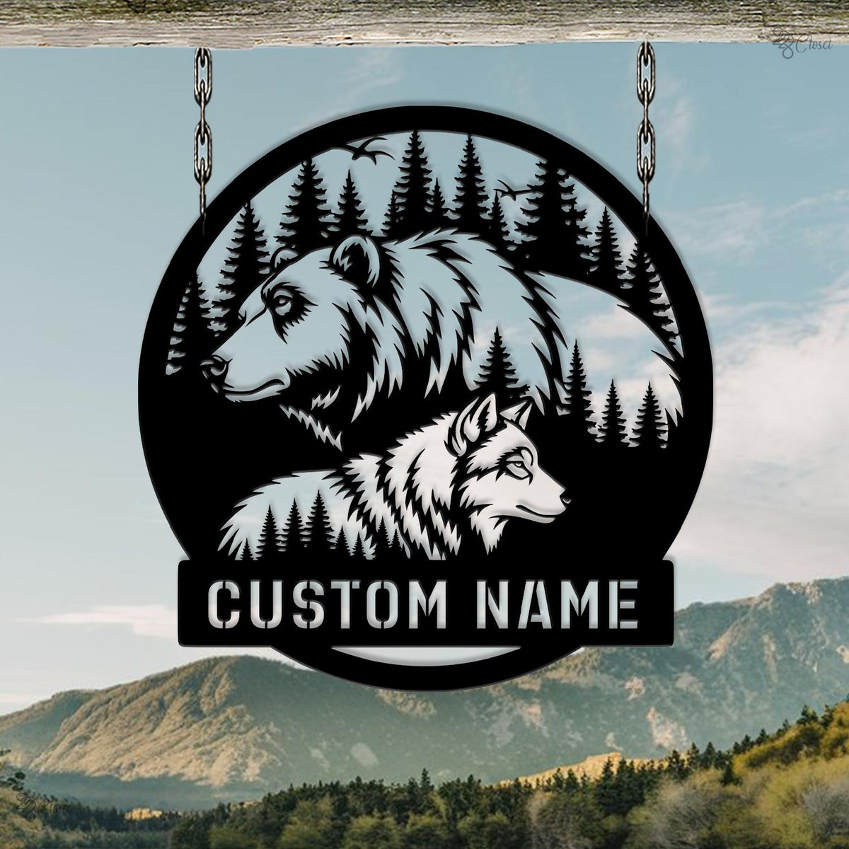 Custom Bear and Wolf Metal Sign, Personalized Bear and Wolf Forest Decor, Forest Animal Name Sign, Bear wolf sign, Gift for dad, Cabin Decor