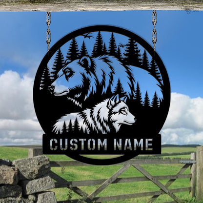 Custom Bear and Wolf Metal Sign, Personalized Bear and Wolf Forest Decor, Forest Animal Name Sign, Bear wolf sign, Gift for dad, Cabin Decor
