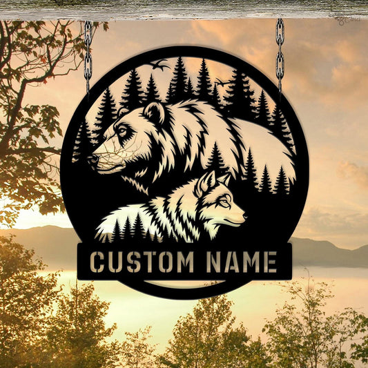 Custom Bear and Wolf Metal Sign, Personalized Bear and Wolf Forest Decor, Forest Animal Name Sign, Bear wolf sign, Gift for dad, Cabin Decor