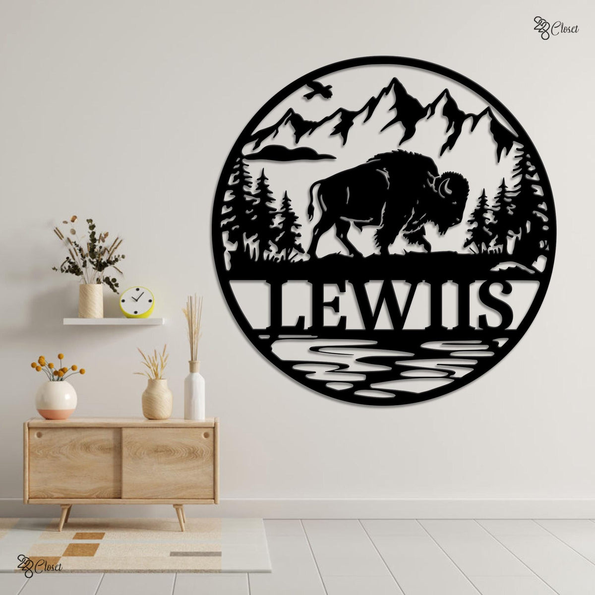 Custom Buffalo Metal Wall, Personalized Mountain Scene Sign, Wildlife Home Sign, Gift for dad, Mountain Wildlife Gift, Bison Mountain Scene