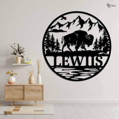 Custom Buffalo Metal Wall, Personalized Mountain Scene Sign, Wildlife Home Sign, Gift for dad, Mountain Wildlife Gift, Bison Mountain Scene