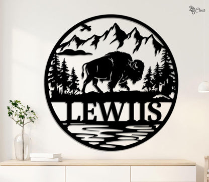 Custom Buffalo Metal Wall, Personalized Mountain Scene Sign, Wildlife Home Sign, Gift for dad, Mountain Wildlife Gift, Bison Mountain Scene