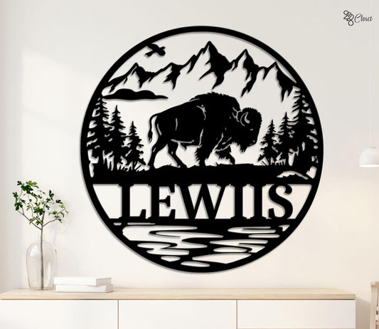 Custom Buffalo Metal Wall, Personalized Mountain Scene Sign, Wildlife Home Sign, Gift for dad, Mountain Wildlife Gift, Bison Mountain Scene