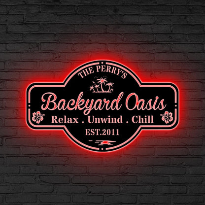 Personalized Backyard Sign LED Light Poolside Metal Sign,Custom Backyard Decor,Sign for Pool, Oasis Sign Patio Decor, Birthday Gift for him