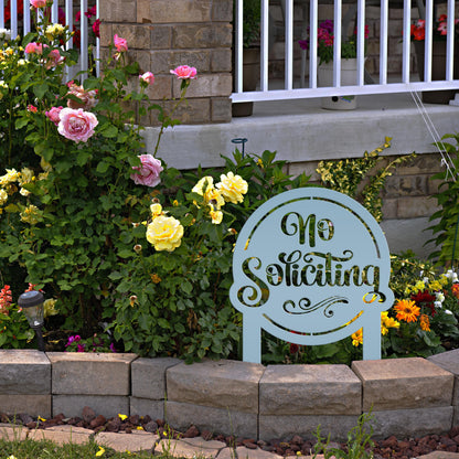 No Soliciting Sign for Yard - Metal Stake for Home Security - Outdoor Entryway Welcome Sign - Charming Lawn Art - Unique Housewarming Gift