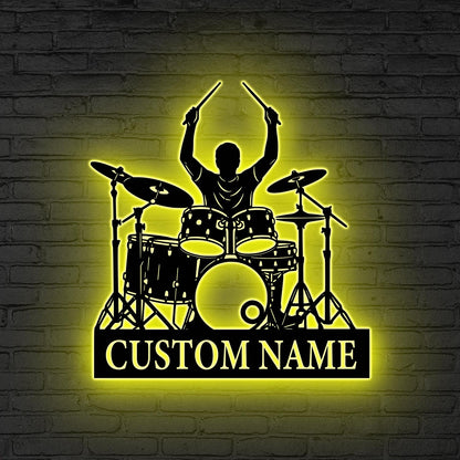 Custom Drummer LED Metal Sign, Personalized Drum Set Wall Light, Music Room Gift, Music Lover Gift, Drum Player LED Wall, Gift for drummer
