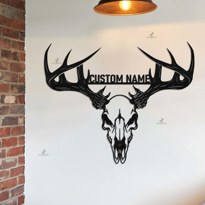 Custom Deer Skull Metal Sign, Personalized Antler Wall Decor, Gift for dad, Hunter Skull Wall Sign, Hunting Lodge Sign, Antler name sign