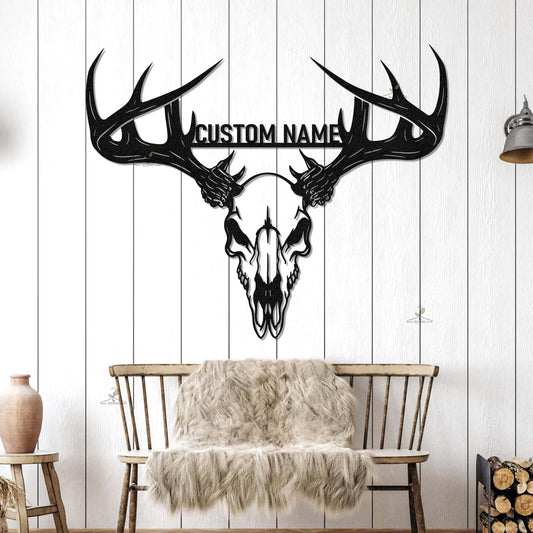 Custom Deer Skull Metal Sign, Personalized Antler Wall Decor, Gift for dad, Hunter Skull Wall Sign, Hunting Lodge Sign, Antler name sign